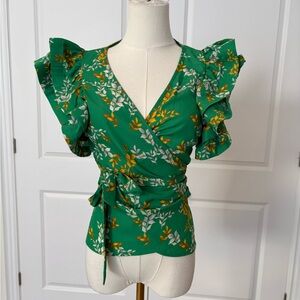 Chic Green Floral Ruffle Blouse